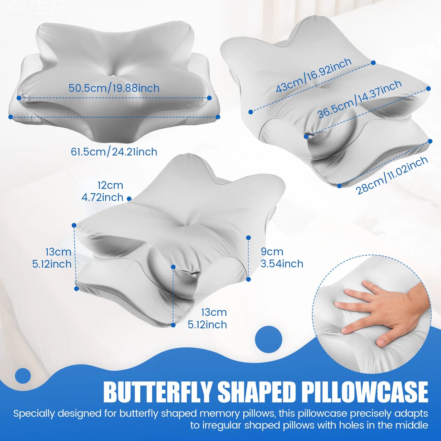 Memory Foam Cervical Pillowcase Butterfly Shaped Pillowcase with Zipper Smooth Pillow Case for Sleeping（Only Pillowcase）