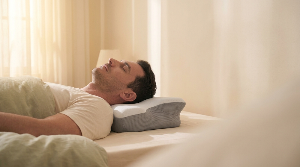 Man asleep at sunrise on the DeepRest pillow